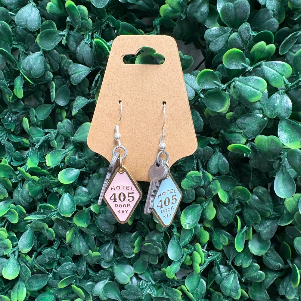 Silver and Pink Hotel Key Earrings